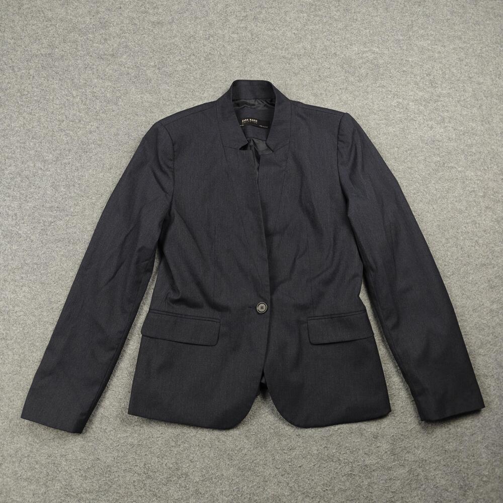 ZARA BASIC Blazer Womens 8 Blue Lined Tailored Twill Jacket Workwear Slim